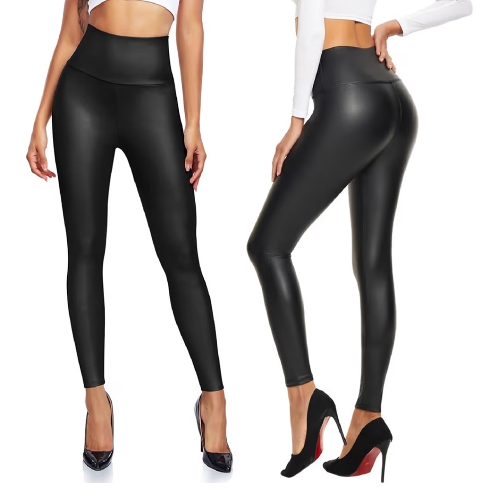 Matte Black Faux Leather High-Waist Tummy Control Leggings NWOT